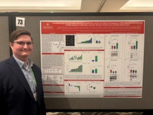 A smiling Will Stump headshot with his poster presentation and data in the background